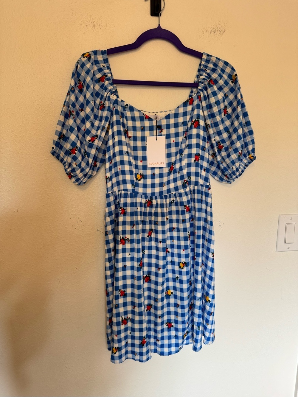 NEW SugarLips Dorothy Rose Gingham Puff Sleeve Mini Dress Blue Floral XS NWT - Picture 3 of 8